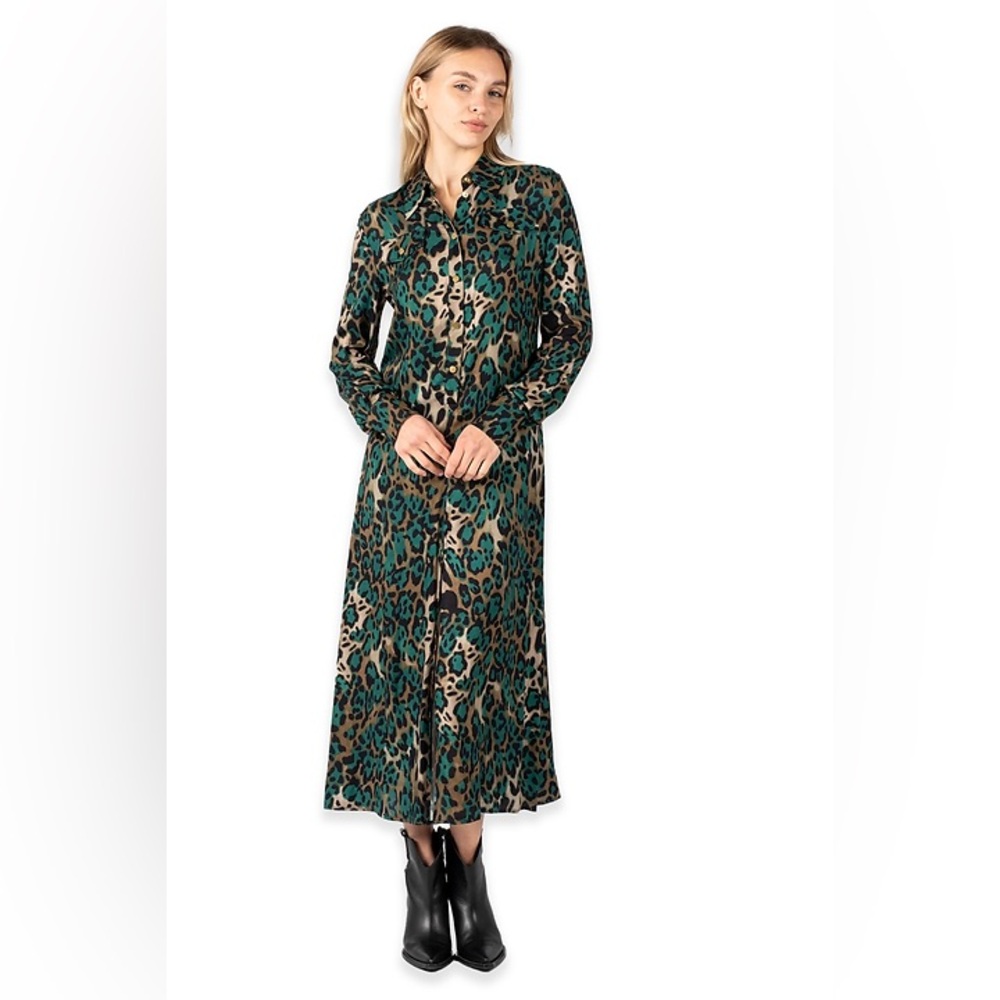 NWT Pinko Green Leopard Print Shirt Dress Maxi Size 6 Front Slit Long Sleeve